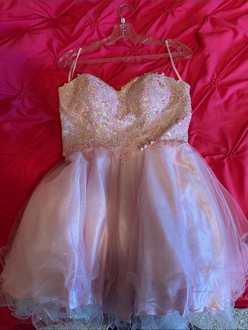 Girls' Pink Beaded Tulle Party Dress strapless